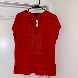 Red J. Crew Red Eyelet V Neck Top